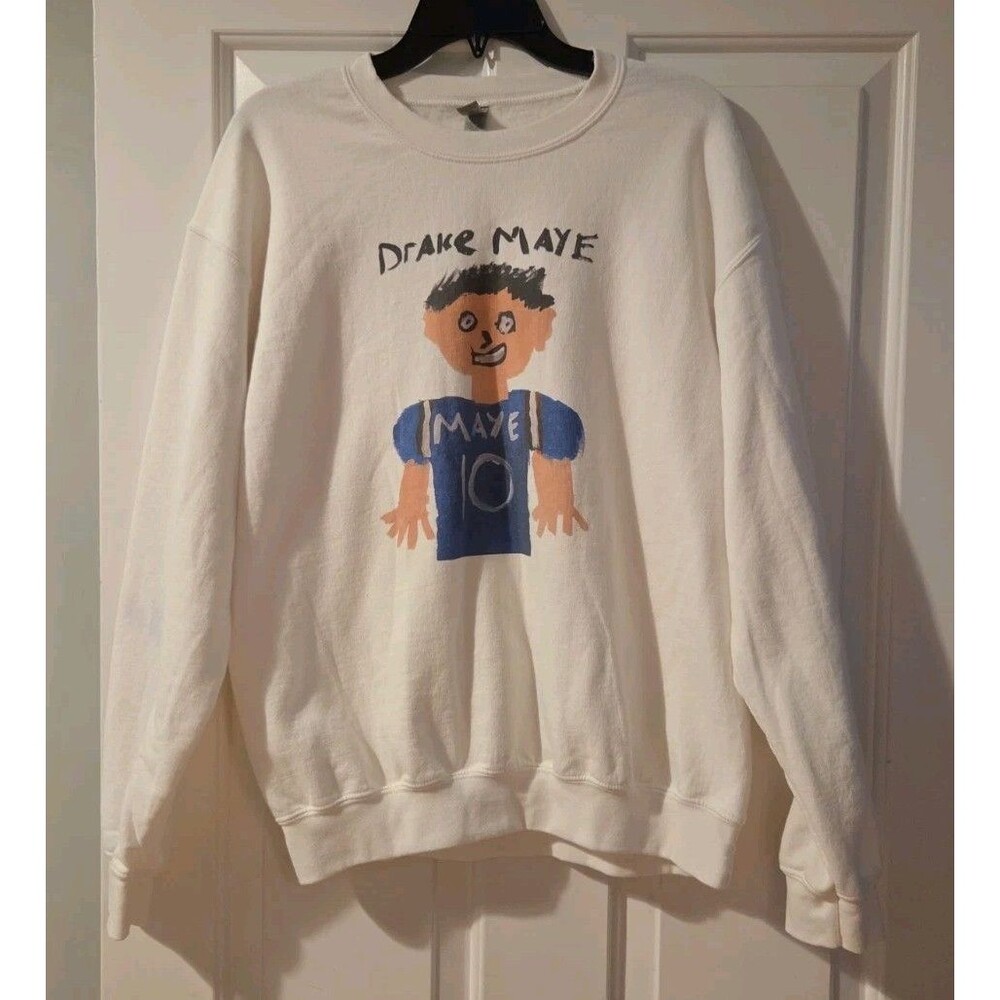 Drake Maye Patriots Crew Neck Sweatshirt  Men's Medium White PURELY BOSTON